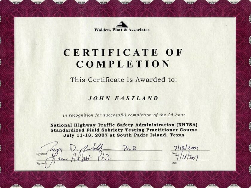 NHTSA Certificate-John Eastland
