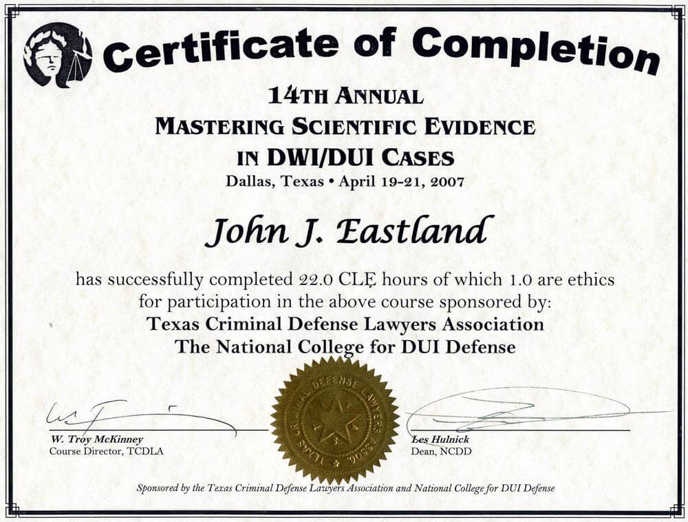 TCDLA Certificate - John Eastland